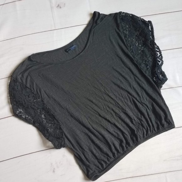 American Eagle Outfitters Tops - 🛒American Eagle | Dark Gray Lace Sleeve Crop Top